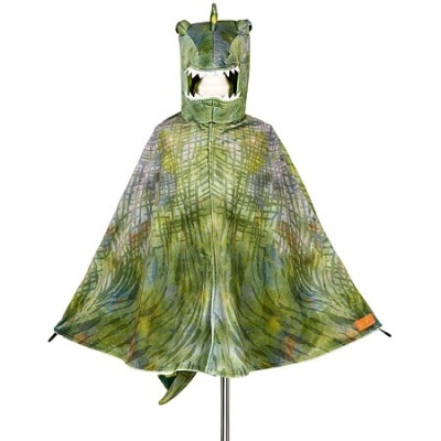 Capa infantil verde com padrão de dinossauro e capuz com dentes e olhos