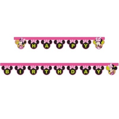 Bandeirolas decorativas Minnie Mouse com 'HAPPY BIRTHDAY'.