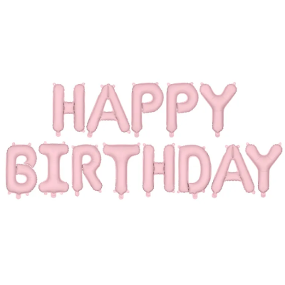balões rosa a formar as palavras HAPPY BIRTHDAY