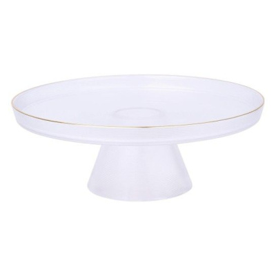 Prato de vidro transparente com borda dourada e base cónica