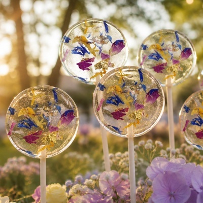 Pirulitos transparentes com flores coloridas no interior e fundo de flores naturais