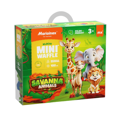 Caixa de brinquedo Marioinex Mini Waffle com tema animais da savana para crianças de 3+ anos