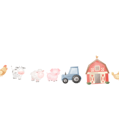 desenhos animados de trator, celeiro, galinha, vaca, carneiro, porco e ovelha em padrão repetido