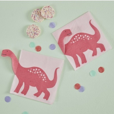 Guardanapos de papel cor-de-rosa com dinossauro desenhado e confetis coloridos