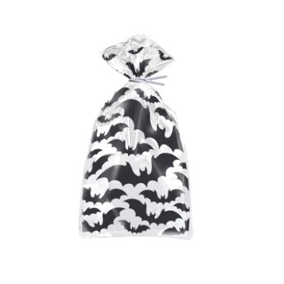 Saco plástico transparente com padrão de morcegos brancos e laço branco