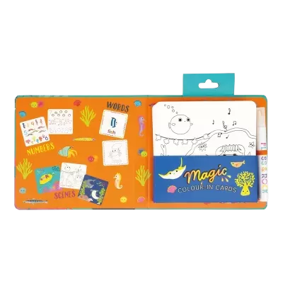 Cartões para colorir Magic Colour-In Cards em embalagem laranja com ilustrações marinhas