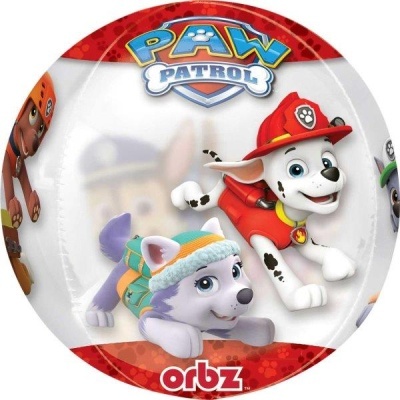 Bola redonda com personagens Paw Patrol e texto Orbz