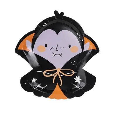 Prato de papel formato vampiro preto, lilás e laranja