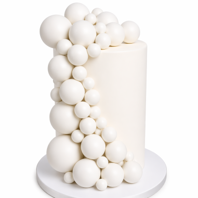 Bolo branco cilíndrico com esferas decorativas brancas