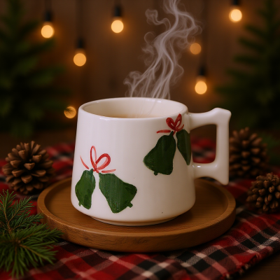 Caneca branca com decoração de folhas verdes e laços vermelhos sobre base de madeira e toalha quadriculada.