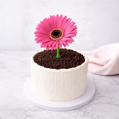 Bolo redondo com cobertura branca e flor rosa artificial no centro