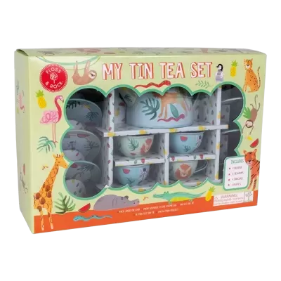 Conjunto de chá infantil em lata com padrão de animais tropicais coloridos em caixa amarela