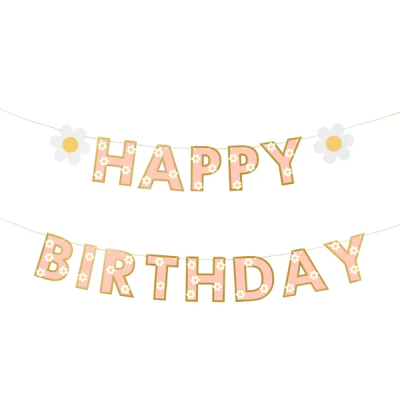 Faixa de festa cor-de-rosa com letras HAPPY BIRTHDAY com flores brancas e detalhes dourados