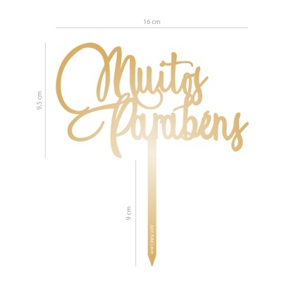 Decorativo para bolo dourado com o texto Muitos Parabéns em letra cursiva