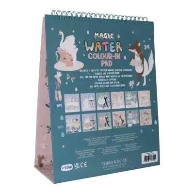 Bloco de colorir Magic Water colour-in pad com capa azul e ilustrações de animais e bailarinas