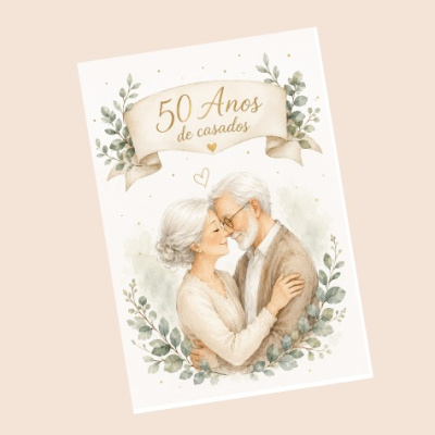 Cartão comemorativo de 50 Anos de casados com casal idoso e folhas verdes