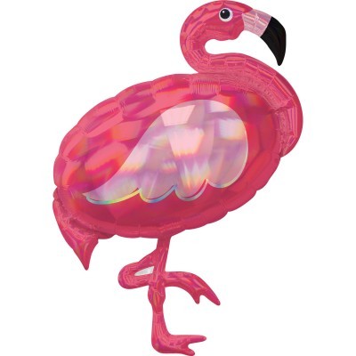 Balão de festa em forma de flamingo cor-de-rosa com detalhes brilhantes.