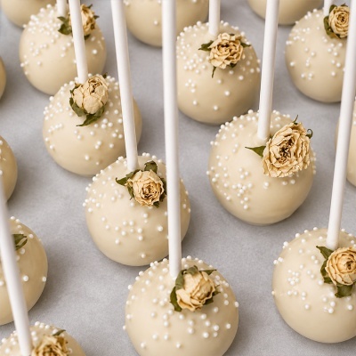 Bolinhas de chocolate branco decoradas com flores secas e pérolas de açúcar em palitos brancos