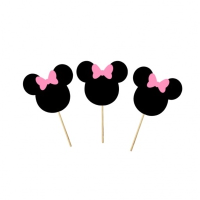 Toppers de cupcake da Minnie em papel preto com laço rosa e palitos de madeira
