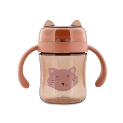 Copo de treino infantil castanho com ilustração de gato e tampa com orelhas