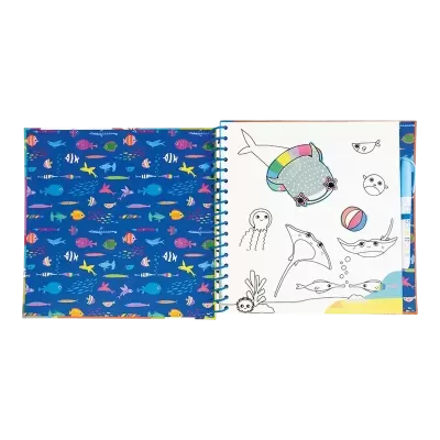 Livro de atividades infantil com padrão colorido de peixes e desenhos para colorir de animais marinhos