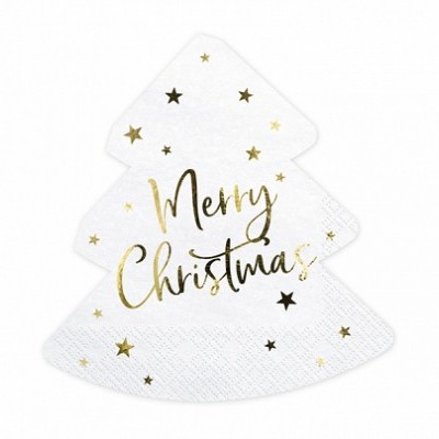 Guardanapo de papel em formato de árvore com texto 'Merry Christmas' e estrelas douradas