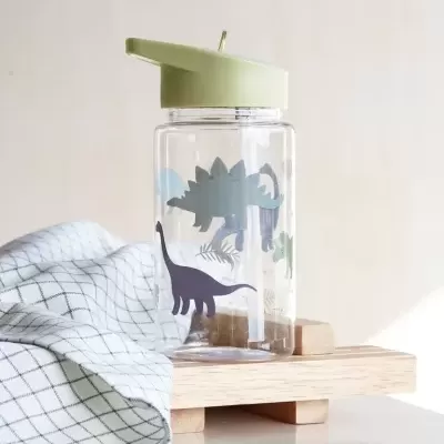 Garrafa de água infantil com desenhos de dinossauros e tampa verde