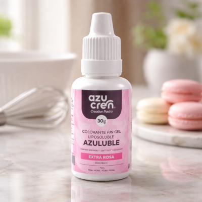 Frasco de corante alimentar gel lipossolúvel extra rosa em superfície refletiva