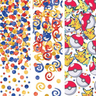 Três padrões de confetes e estampas coloridas, incluindo Pikachu e Pokébolas.