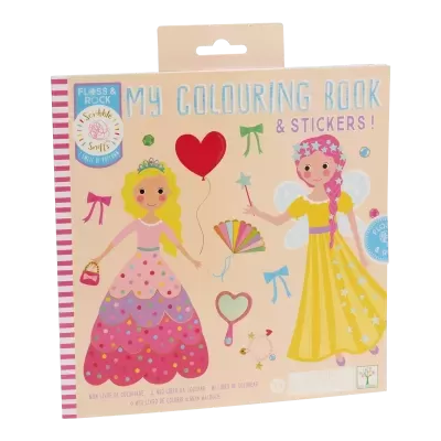 Capa de livro de colorir e autocolantes com ilustrações de princesas e objetos coloridos