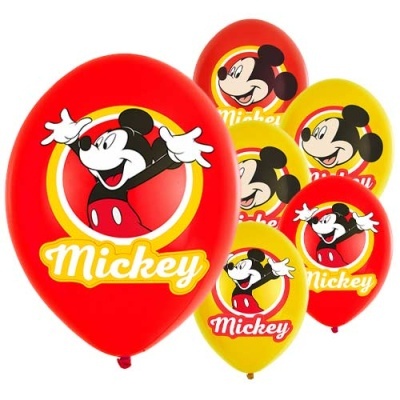 Balões vermelhos e amarelos com desenhos do Mickey Mouse e texto Mickey ou Mikey