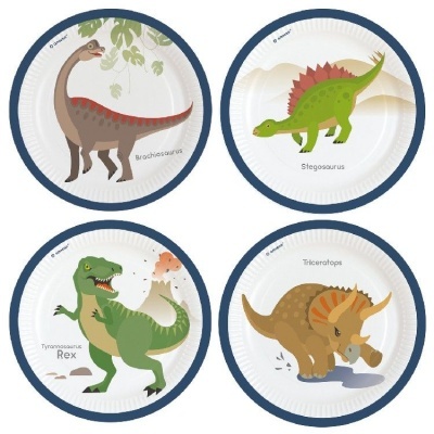 Pratos descartáveis com ilustrações de dinossauros e nomes em inglês