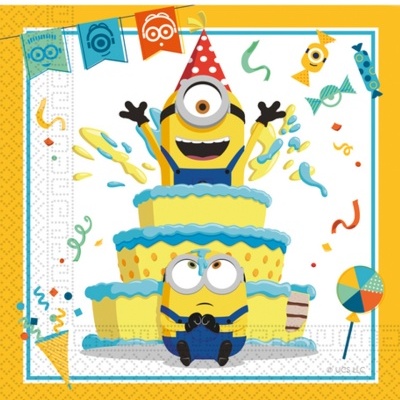 Guardanapo amarelo com desenho de Minions e bolo de aniversário