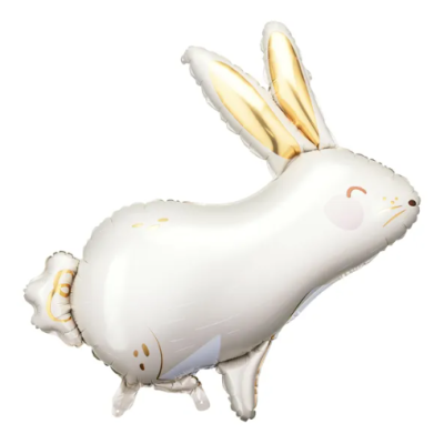 Balão metálico em forma de coelho branco com detalhes dourados e cor-de-rosa