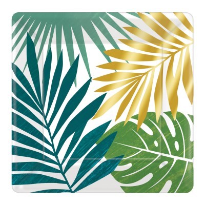 Tapete quadrado com estampa de folhas tropicais em verde, azul e dourado