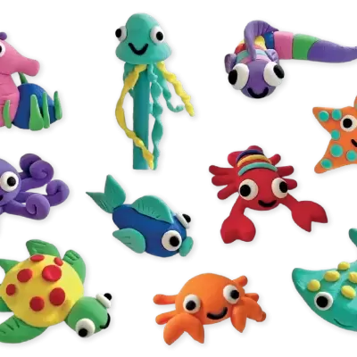 Figuras de animais marinhos feitas de massinha colorida com olhos grandes