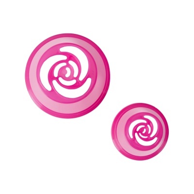 Dois frisbees circulares em plástico rosa translúcido com padrão em espiral