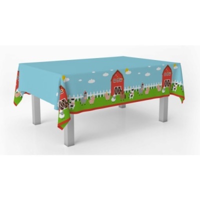 Toalha de mesa azul com padrão infantil de celeiros vermelhos e vacas