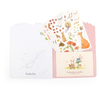 Conjunto de folhas de autocolantes com desenhos de animais e plantas em carteira rosa.