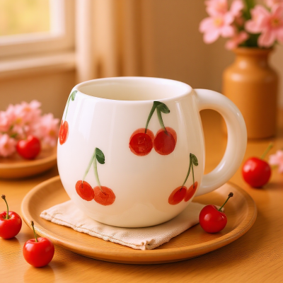 Caneca branca com padrão de cerejas vermelhas em prato de madeira com cerejas frescas e flores cor-de-rosa