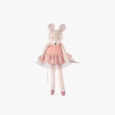 Boneca de tecido em forma de rato com vestido rosa e saia de tule branco