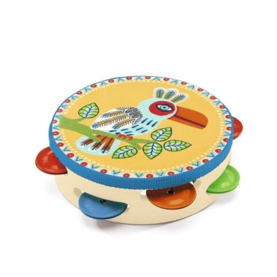 Pandeiro de madeira decorado com pássaro e tambores coloridos