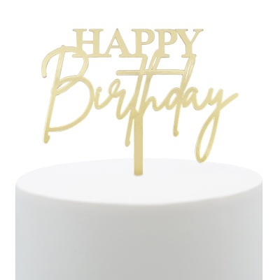 Topo de bolo dourado com a frase HAPPY Birthday