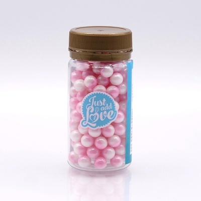 Frasco transparente com bolas decorativas cor de rosa e branco peroladas e tampa castanha