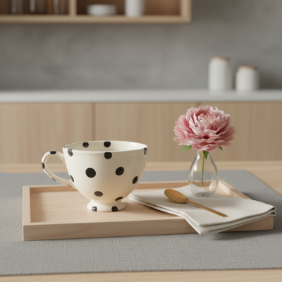 Chávena branca com pintas pretas, colher dourada, flor rosa em vaso de vidro e bandeja de madeira