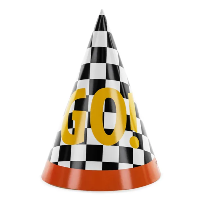 Cone de corrida com padrão quadriculado e texto 'GO!'