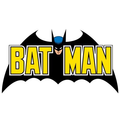 Logotipo de Batman com letras amarelas e uma figura do Batman ao centro