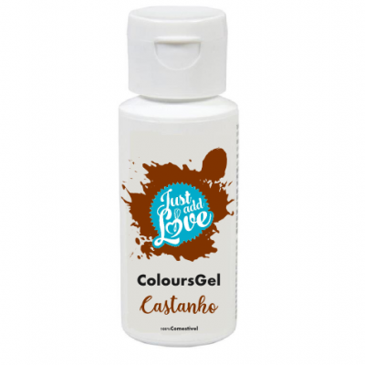 Frasco branco de gel colorido castanho com rótulo Just add Love