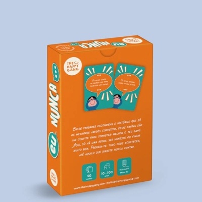 Caixa laranja do jogo de cartas 'eu NUNCA' com texto e ilustrações azuis e bege