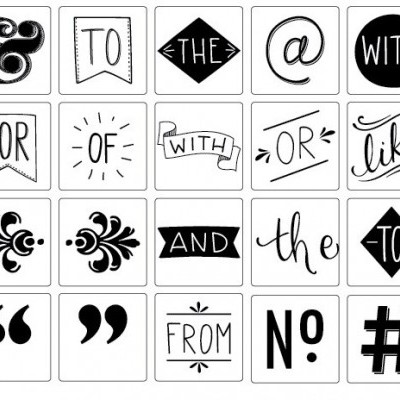 Ilustrações de palavras e símbolos em preto e branco sobre fundo branco.